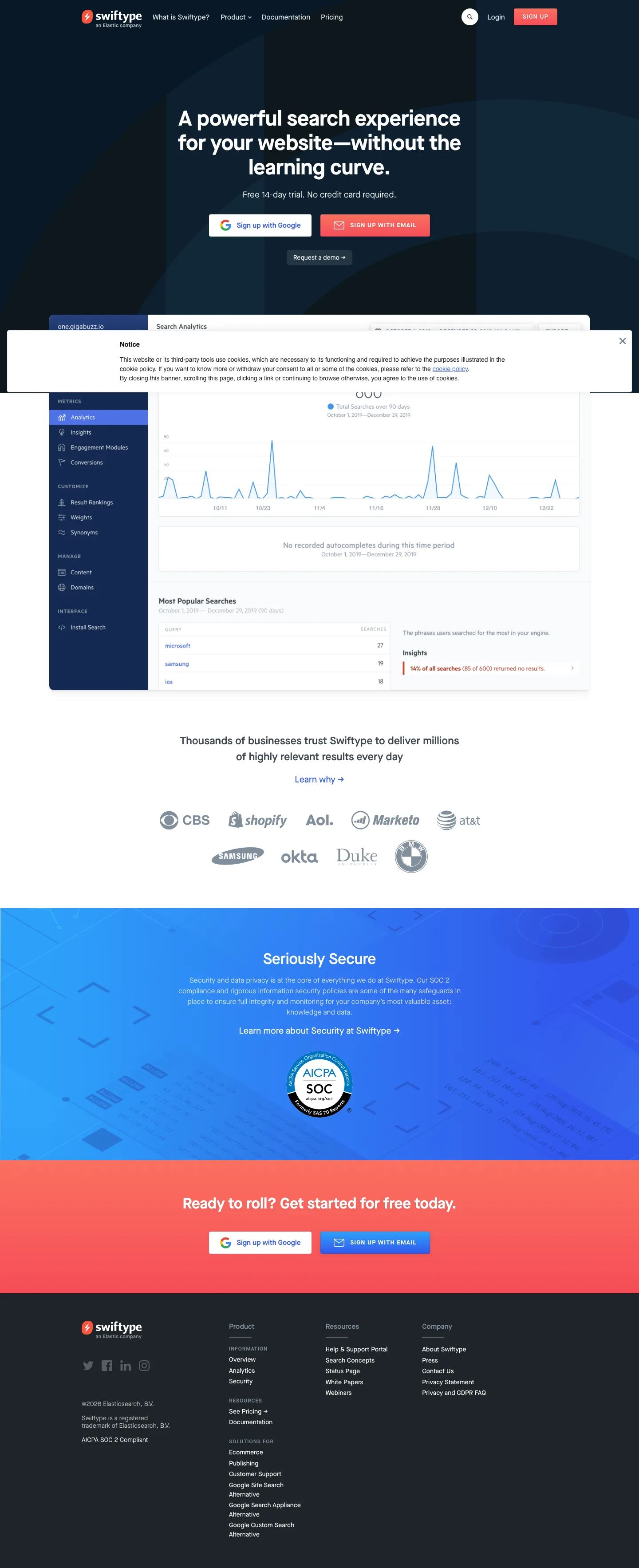 Homepage of Swiftype