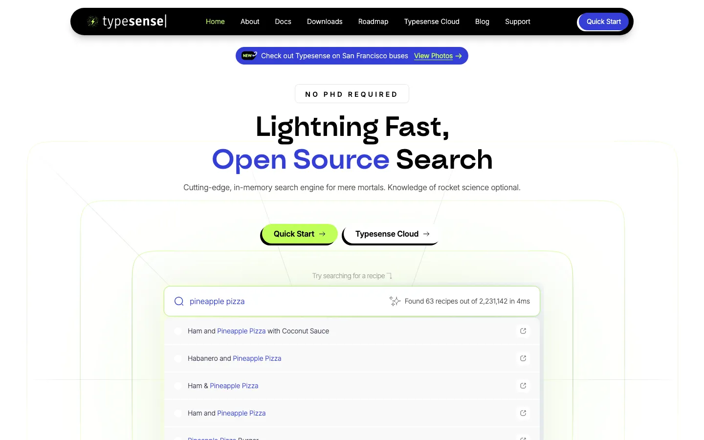 Homepage of Typesense